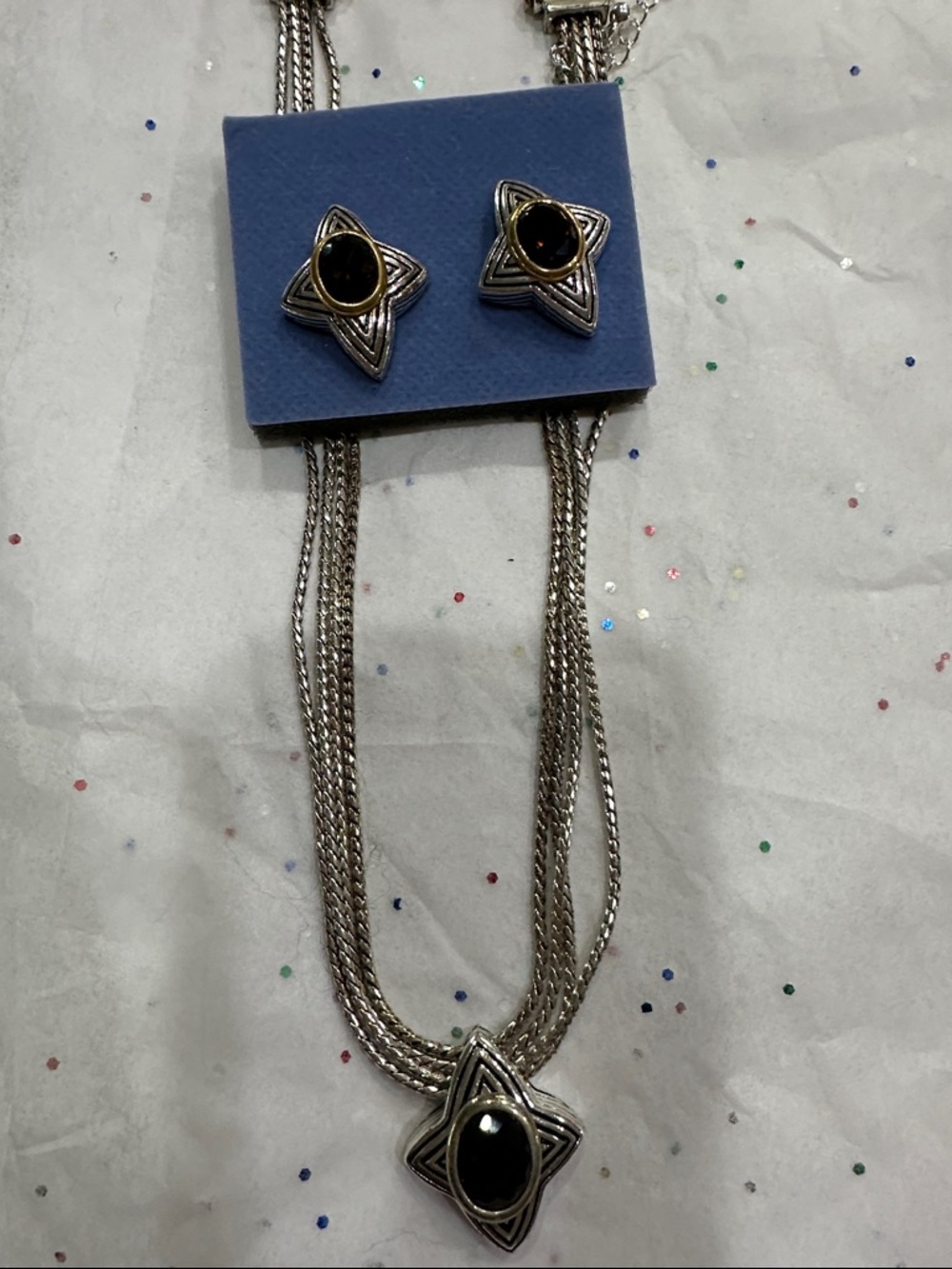 Avon Silver-Tone Star Necklace and Earrings with Black Stones